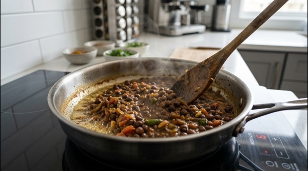 A finished plate of Kala Chana curry served with hot basmati rice