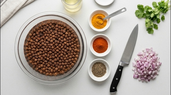 Soaked black chickpeas in a glass bowl next to chopped onions and spices