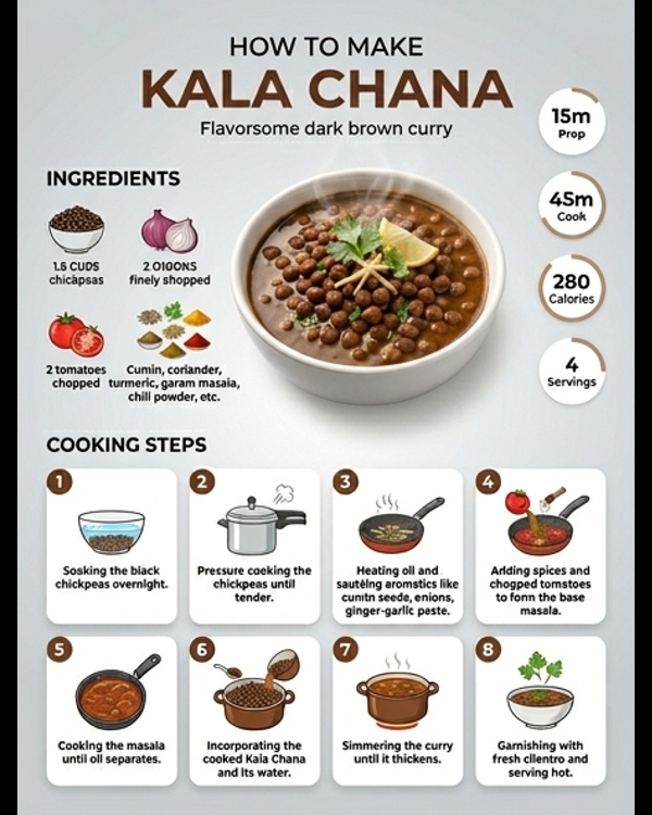 A steaming bowl of healthy rustic Kala Chana curry garnished with fresh cilantro and ginger juliennes