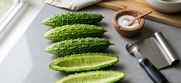 Scraped and deseeded bitter gourds rubbed with salt sitting on a clean marble counter