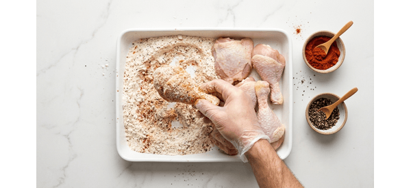 Dredging chicken pieces in a spiced flour and cornstarch mixture Dredging chicken pieces in a spiced flour and cornstarch mixture