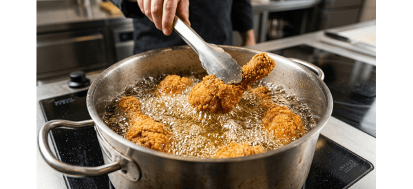 Deep frying chicken drumsticks in hot oil until golden and crispy Deep frying chicken drumsticks in hot oil until golden and crispy