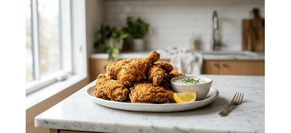A platter of golden brown and crispy KFC style fried chicken with dipping sauce A platter of golden brown and crispy KFC style fried chicken with dipping sauce