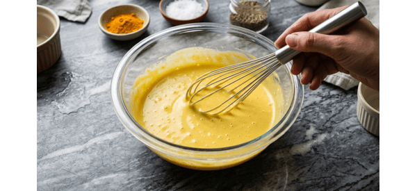 Whisking a smooth yellow gram flour batter in a glass bowl