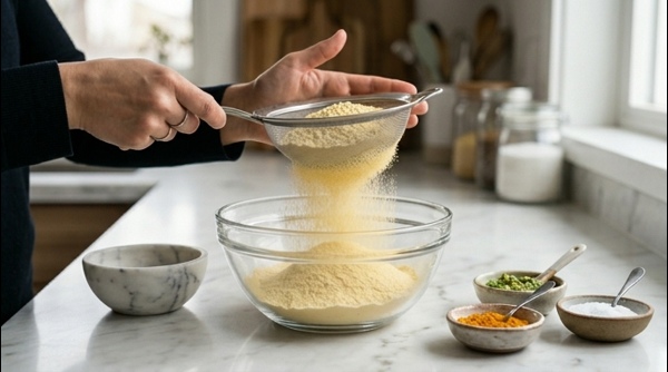 Smooth yellow gram flour batter being whisked in a glass bowl