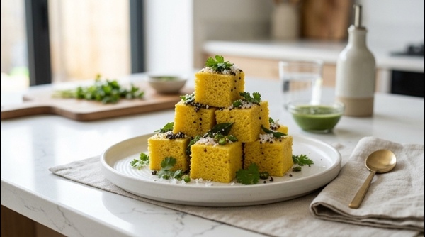 Soft and spongy yellow Khaman Dhokla garnished with mustard seeds and fresh coriander