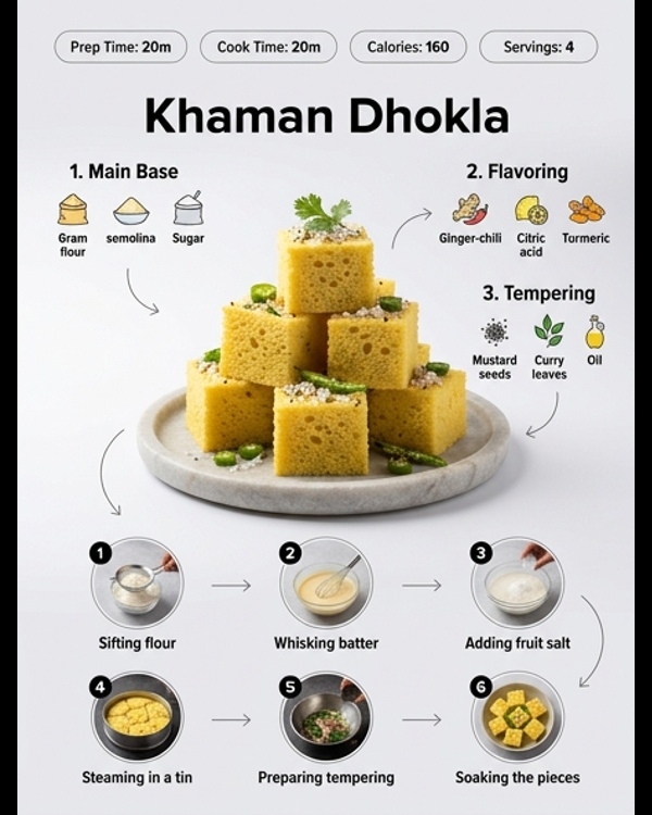 Soft and spongy yellow Khaman Dhokla garnished with mustard seeds and fresh coriander