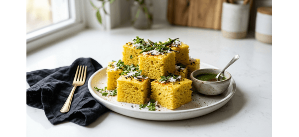 Soft and fluffy yellow khaman dhokla garnished with mustard seeds and fresh coconut