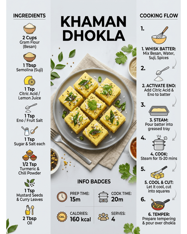 Soft and fluffy yellow khaman dhokla garnished with mustard seeds and fresh coconut