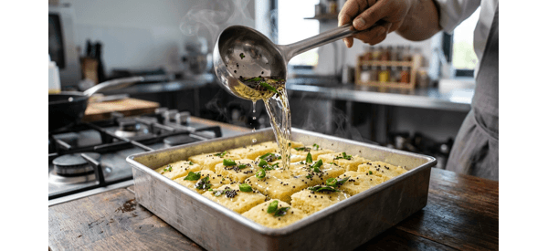 Pouring clear sugary tempering with mustard seeds over cut dhokla pieces