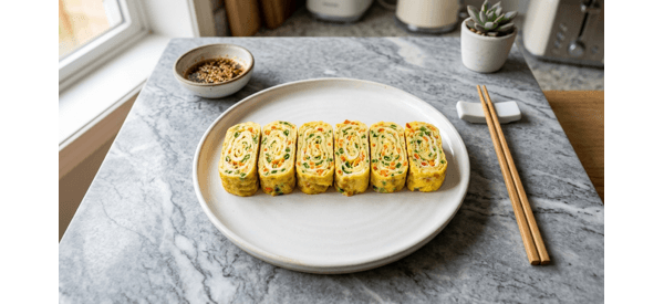 Slices of Korean style egg roll served on a white plate with dipping sauce