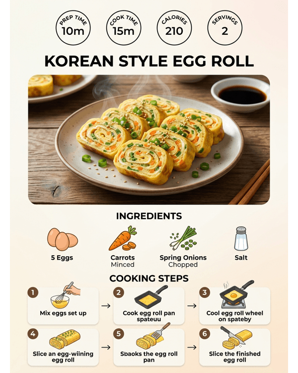 Slices of Korean style egg roll served on a white plate with dipping sauce