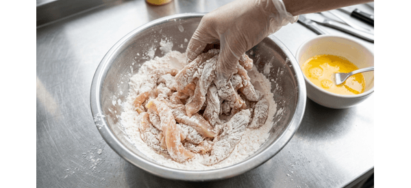 Chicken pieces frying in a modern wok until golden brown