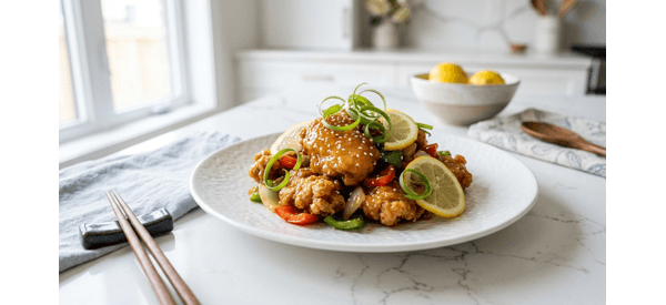 Crispy Chinese restaurant style lemon chicken served on a white plate with lemon slices