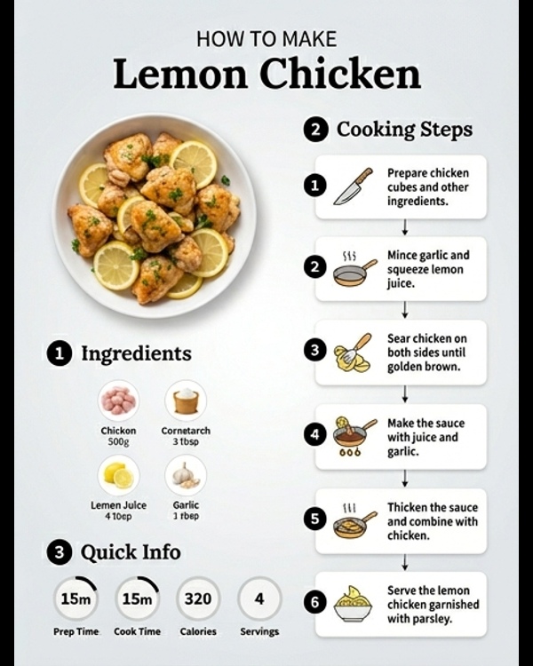 A plate of golden lemon chicken garnished with fresh herbs and lemon slices