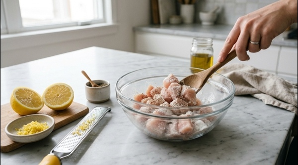 Searing coated chicken pieces in a modern stainless steel pan