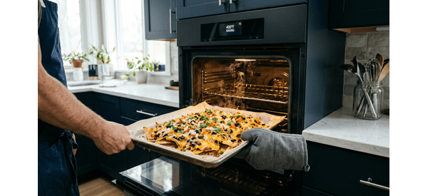 Freshly baked loaded nachos with steam rising and colorful toppings Freshly baked loaded nachos with steam rising and colorful toppings