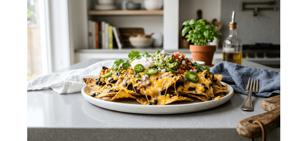 A platter of loaded vegetable nachos with melted cheese and jalapeños A platter of loaded vegetable nachos with melted cheese and jalapeños