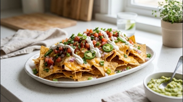 A large platter of Loaded Crunchy Snack Nachos Recipe with melted cheese and fresh veg toppings