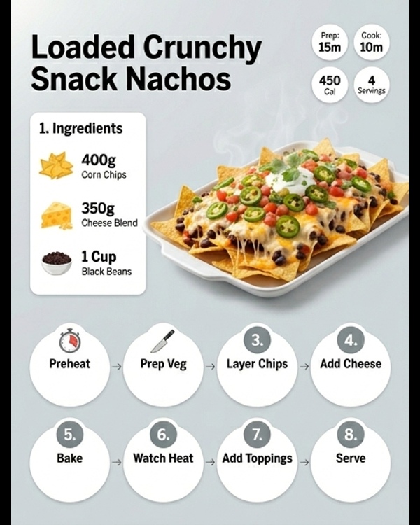 A large platter of Loaded Crunchy Snack Nachos Recipe with melted cheese and fresh veg toppings