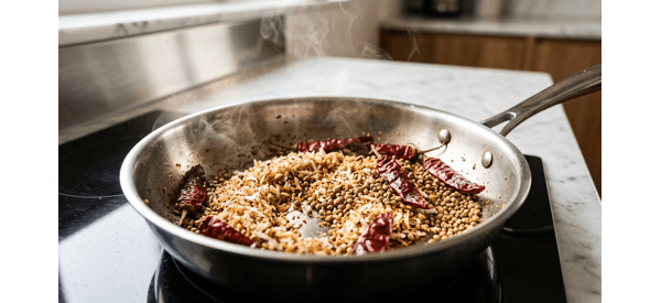 Roasting spices and coconut in a modern pan for the masala paste Roasting spices and coconut in a modern pan for the masala paste