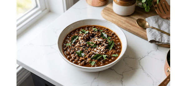 A bowl of Mangalorean Style Kala Chana garnished with fresh coconut and curry leaves A bowl of Mangalorean Style Kala Chana garnished with fresh coconut and curry leaves