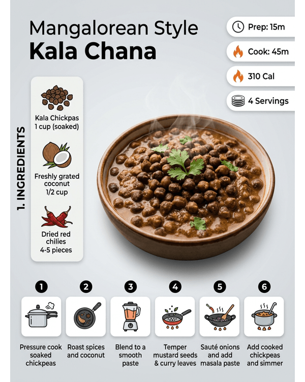 A bowl of Mangalorean Style Kala Chana garnished with fresh coconut and curry leaves A bowl of Mangalorean Style Kala Chana garnished with fresh coconut and curry leaves