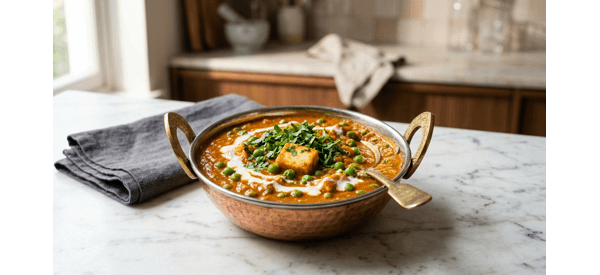 Restaurant style matar paneer served in a copper bowl with fresh cream and coriander garnish Restaurant style matar paneer served in a copper bowl with fresh cream and coriander garnish