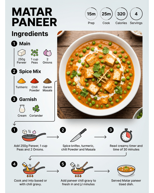 Restaurant style matar paneer served in a copper bowl with fresh cream and coriander garnish Restaurant style matar paneer served in a copper bowl with fresh cream and coriander garnish