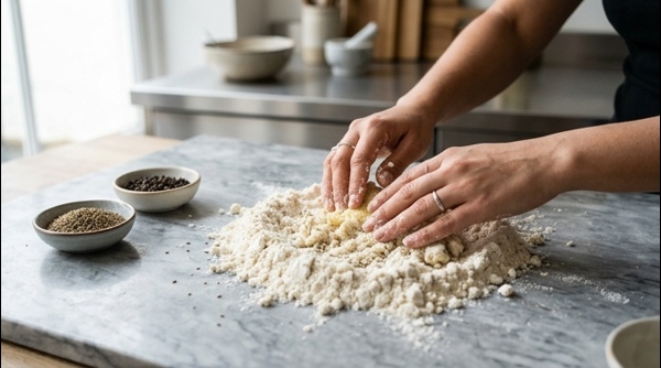 Hands rubbing ghee into flour to create a crumbly dough texture for mathri
