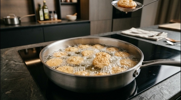 Golden brown mathri frying in a modern stainless steel pan with bubbling oil