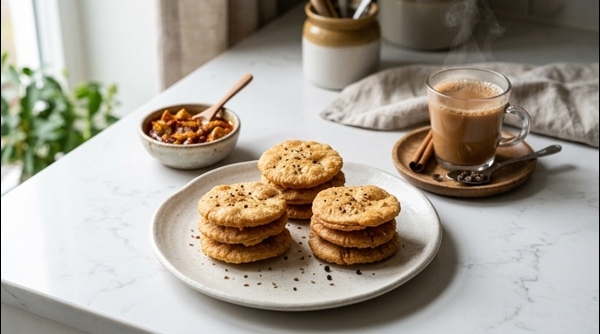 A plate of crispy golden brown mathri served with spicy mango pickle and chai