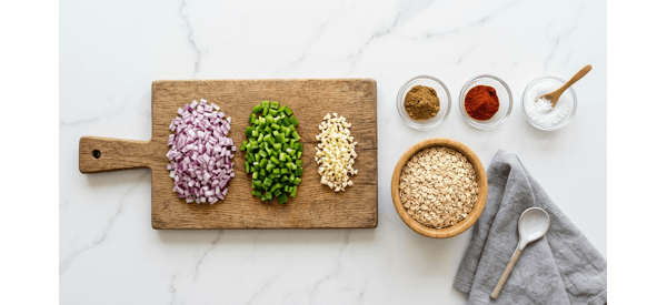 Chopped onions and peppers on a white marble countertop Chopped onions and peppers on a white marble countertop