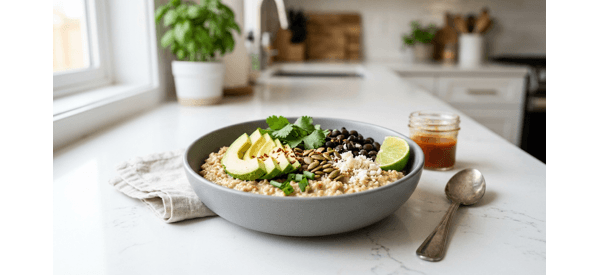 A beautiful bowl of savory Mexican style oatmeal with avocado and cilantro A beautiful bowl of savory Mexican style oatmeal with avocado and cilantro