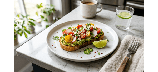 A beautiful plate of Mexican style avocado toast with fresh radish and cilantro garnish A beautiful plate of Mexican style avocado toast with fresh radish and cilantro garnish