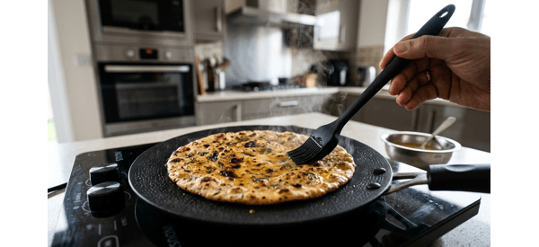 Golden brown missi roti being cooked on a modern tawa with ghee