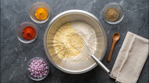 Mixing gram flour and spices in a modern stainless steel bowl
