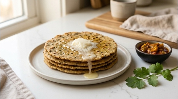 Traditional Punjabi Missi Roti served with white butter and green chili