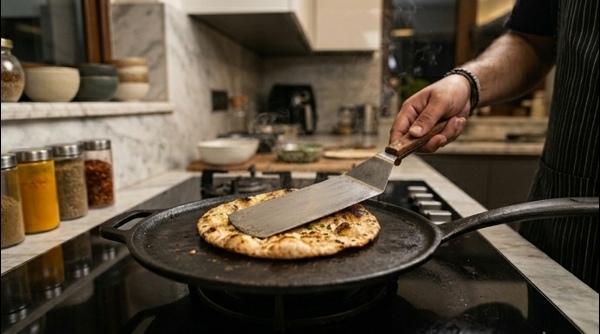 Cooking Missi Roti on a modern tawa with golden brown spots