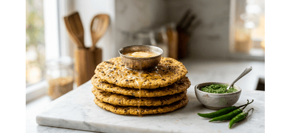Freshly made Missi Roti served with a dollop of butter and green chutney