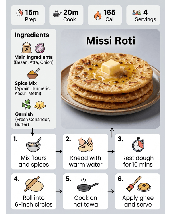 Freshly made Missi Roti served with a dollop of butter and green chutney