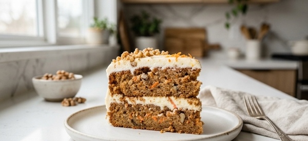 A thick slice of moist carrot cake with cream cheese frosting on a white plate A thick slice of moist carrot cake with cream cheese frosting on a white plate