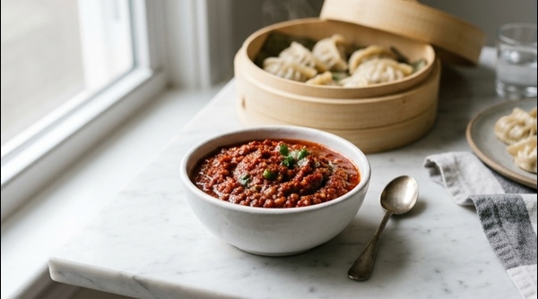 A vibrant red bowl of spicy momos chutney served with steamed vegetable momos