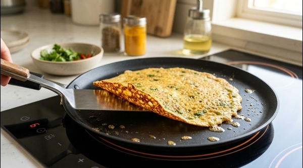 A thin Moong Dal Cheela being cooked on a modern flat pan with golden crispy edges