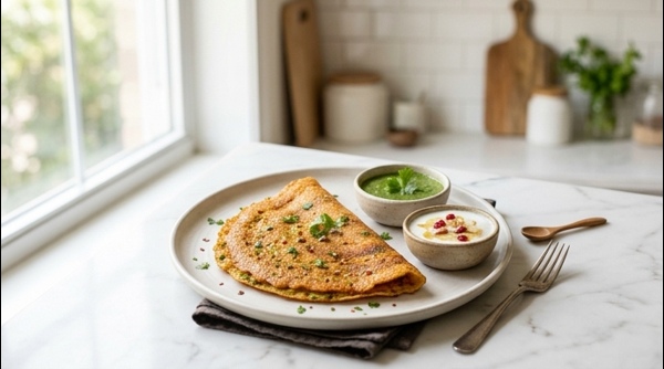 Crispy golden Moong Dal Cheela served with green chutney and yogurt on a modern white plate