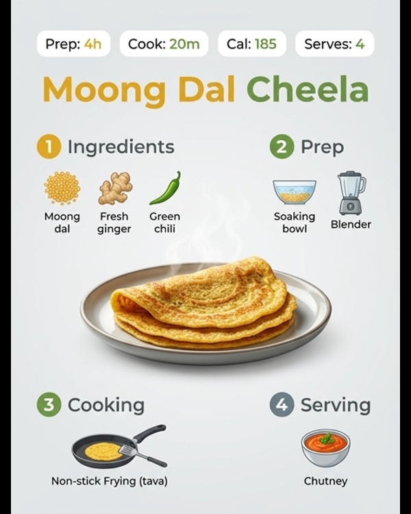 Crispy golden Moong Dal Cheela served with green chutney and yogurt on a modern white plate