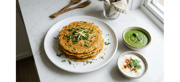 Crispy golden brown moong dal chilla served on a modern white plate with green chutney