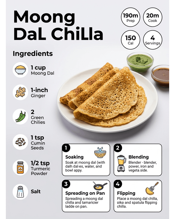 Crispy golden brown moong dal chilla served on a modern white plate with green chutney