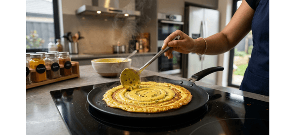 Stack of hot moong dal chillas served with yogurt and spicy pickle