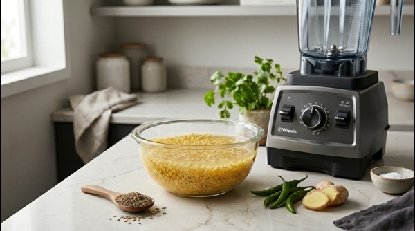 A modern blender jar containing soaked moong dal, fresh ginger, and green chilies ready for grinding